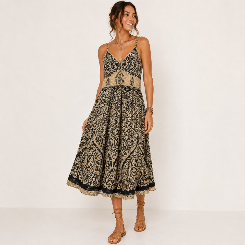 Magic Y2K Babydoll Dress Women's Size L Beaded Earthy Brown Paisley Boho Casual